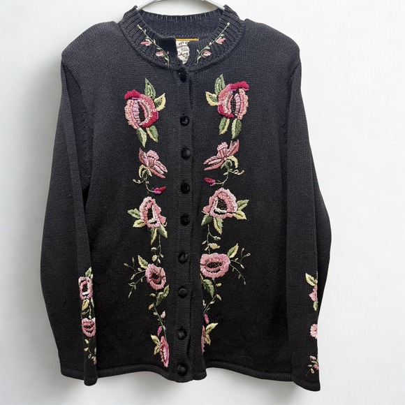 Heirloom Collectibles Sweaters - Vintage Heirloom Collectibles Black Floral Embroidered Cardigan Sweater Size L‎